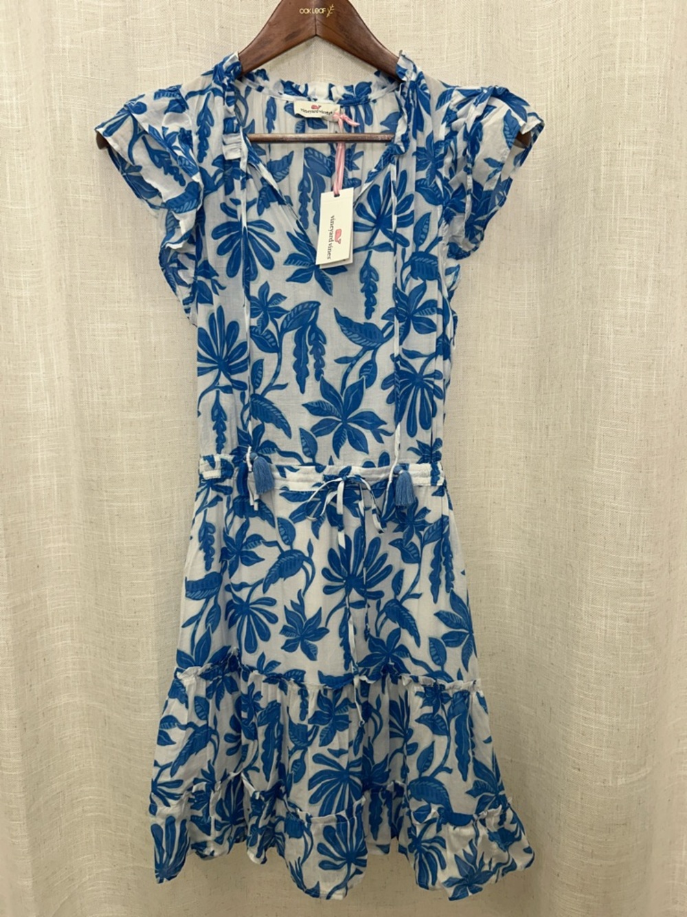 Vineyard Vines Blue & White Floral Tiered Dress W/Drawstring Waist Size X-Small